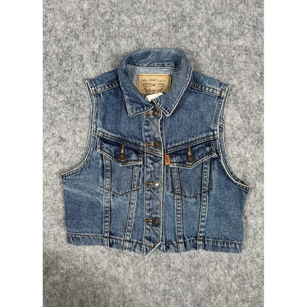 Vintage 90's Levi Strauss Orange Tab Girl's Blue Denim Button Down Vest Sz Small